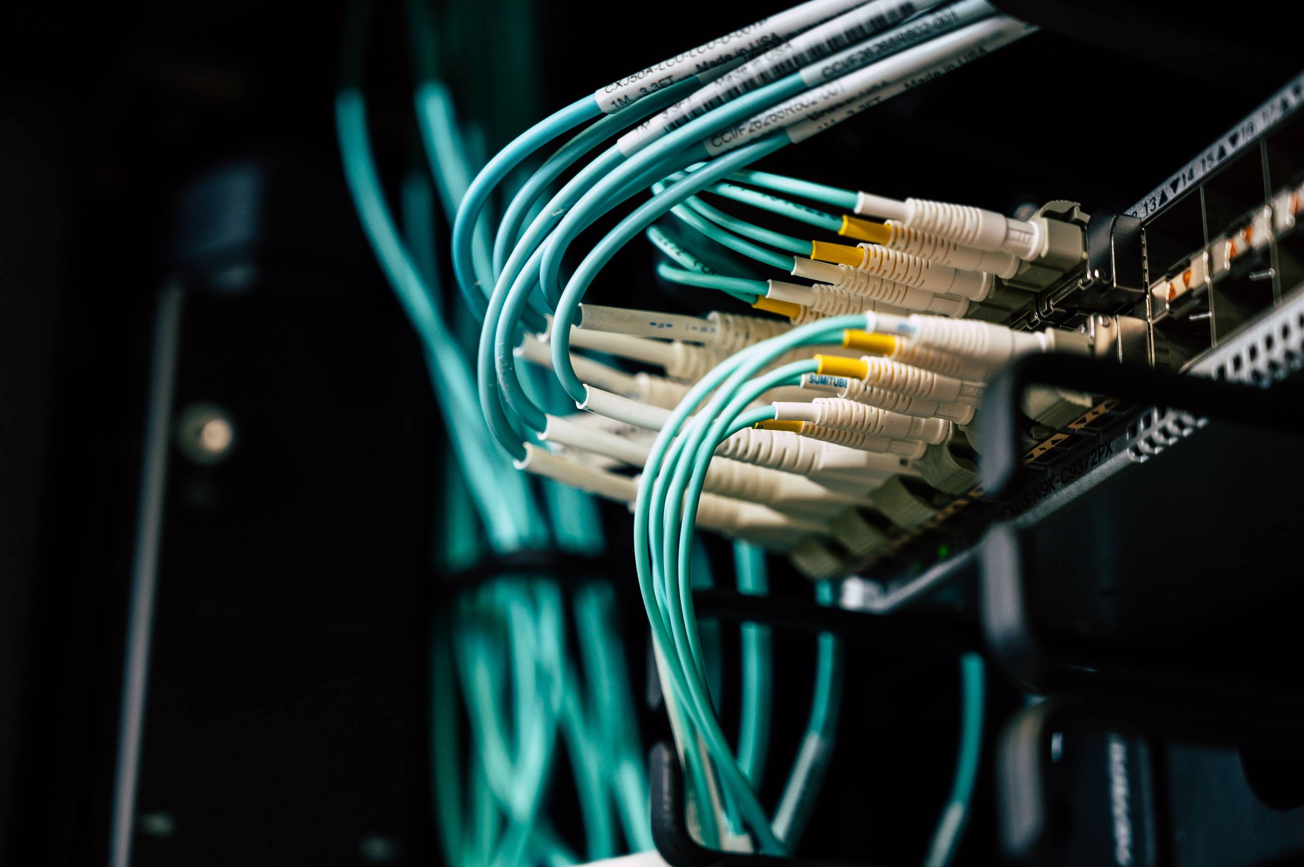 Wide interior view of network cables plugged into a server rack in a data center